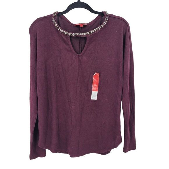 Jennifer Lopez Sweater S Maroon Oxblood Rhinestone Cutout Jewel Neck Holiday - Picture 1 of 11